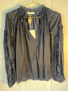 Ulla Johnson Pre Fall 2022 Maeve Top Midnight Silk V-Neck Gathered Blouse Size 8